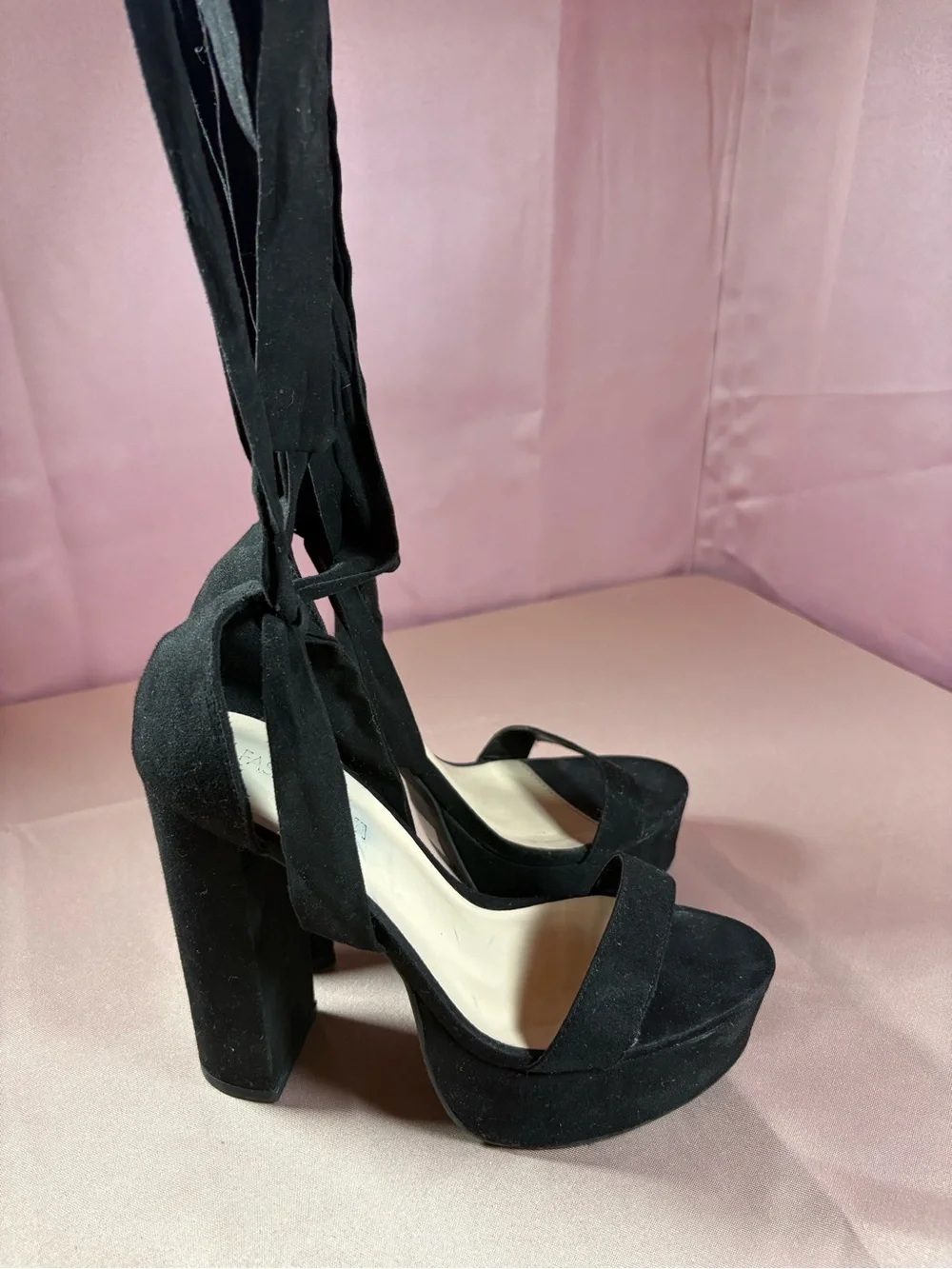 Fashion Nova Black Suede Platform Lace-Up Block Heels